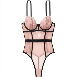 Size S | VS Pink mesh fishnet thong one piece teddy with boning
